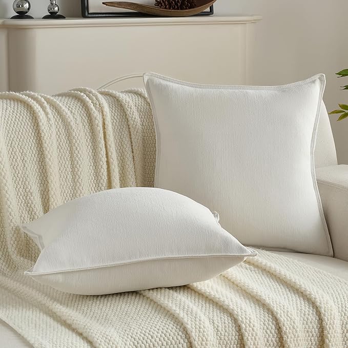 FUTEI Cream White Chenille Throw Pillow Covers 24x24 Inch Set of 2,Edges Double-Stitched European Cushion Cases,Modern Home Decor for Couch Living Room