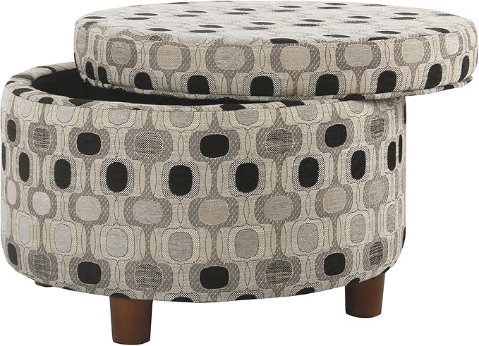 Homepop Home Decor | Upholstered Round Storage Ottoman | Ottoman with Storage for Living Room & Bedroom (Black Geo) Large