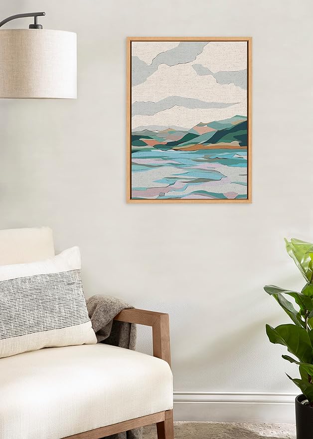 Kate and Laurel Sylvie Dal Lake Framed Canvas Wall Art by Nikita Jariwala; 18x24 Natural; Soft Colorful Nature Landscape Art for Wall Home Decor