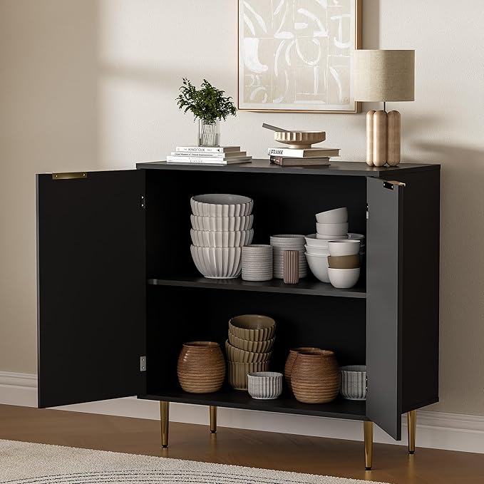 Buffet Sideboard Cabinet [Set of 2] with 4 Doors, Modern Cabinet with with Adjustable Shelf, Golden Handles & Legs, Coffee Bar Sideboard for Kitchen, Living Room, Black