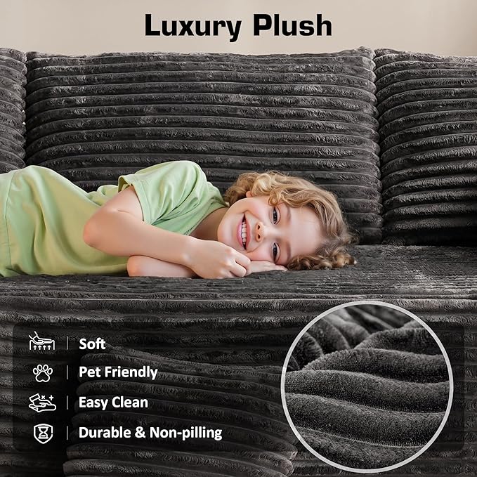 146'' Oversized Boneless Sectional Couch, U Shaped Cloud Couches with Chaise & Ottoman, Plush Corduroy 8 Seater Deep Seat Modular Sofa Sets for Living Room, No Assembly Required, Gray