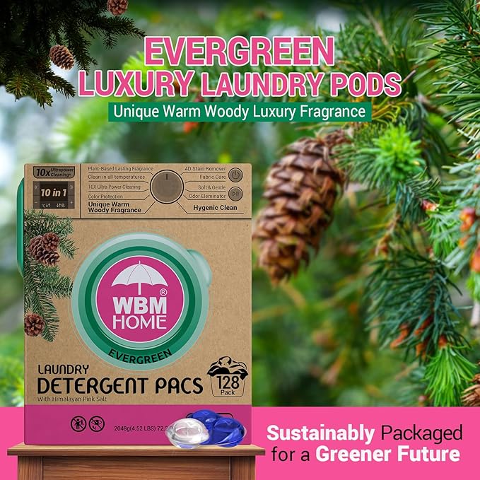WBM Laundry Detergent Pods - Ultra-Concentrated, Hypoallergenic, Stain-Fighting, Evergreen Scent, 128-Pack, Recyclable Packaging for Eco-Friendly Cleaning