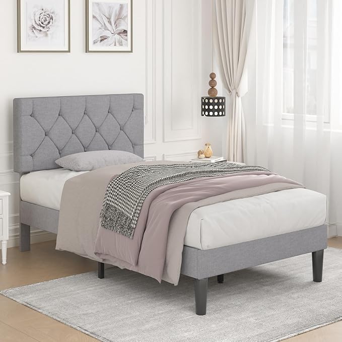 VECELO Twin Bed Frame with Button Tufted Headboard, Upholstered Platform with Wooden Slat Support, No Box Spring Needed, Linen Grey