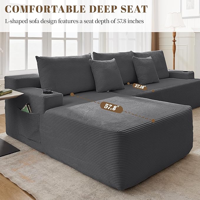 106" Cloud Sectional Couch, Modular Sectional Sofa with L-Shape Chaise, Corduroy Boneless Couch with Deep Seat, Upholstered Sofa for Living Room, No Assembly Required(Left-Facing Chaise, Dark Grey)
