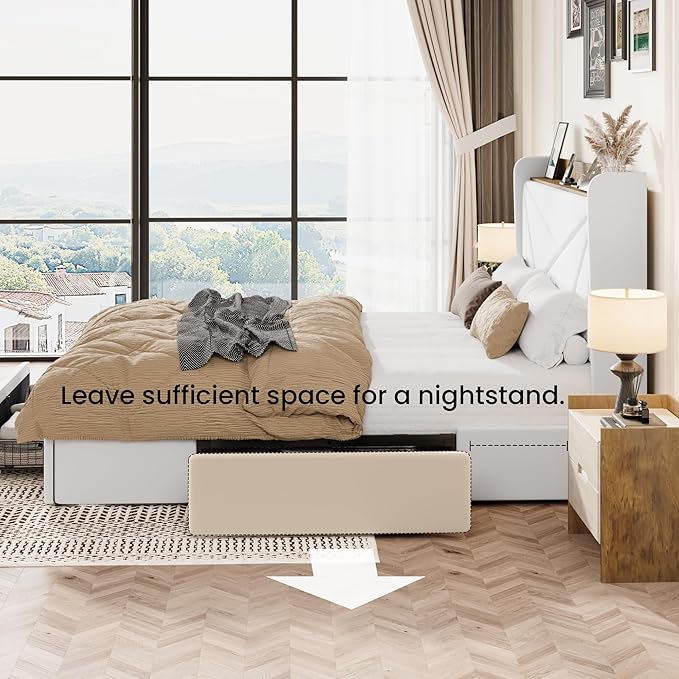 SHA CERLIN Full Size Bed Frame with 3 Drawers, USB & Type-C Charging Ports, Velvet Upholstered Platform Bed with Modern Geometric Wingback Storage Headboard, No Box Spring Needed, Easy Assembly, White