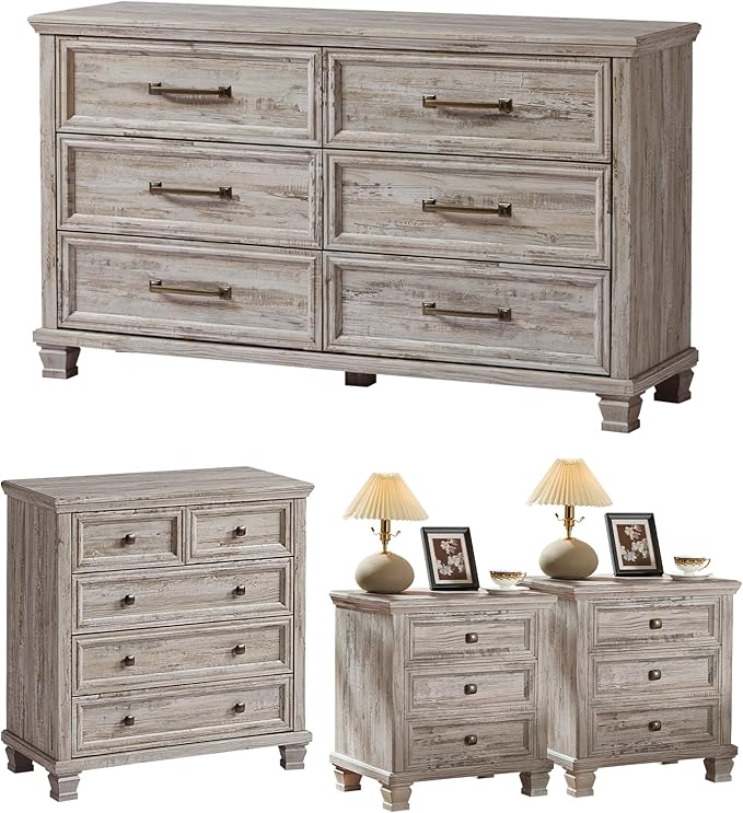 Farmhouse Bedroom Dresser and Nightstand Set of 4, 6 Drawer Low & 5 Drawers Dresser & 3 Drawer Nightstand Set with Wooden Legs, Rustic Wood Bedroom Furniture for Livingroom, Hallway, Grey