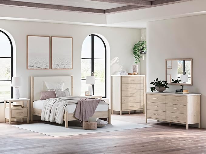 Signature Design by Ashley Cadmori Bohemian 5-Drawer Chest of Drawers with Safety Stop and Post Legs, White & Light Brown