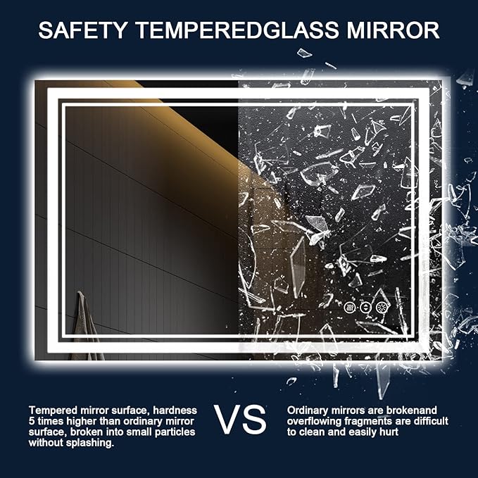 48 x 40 Inch LED Bathroom Mirror with Lights, Backlit and Front Lighted Bathroom Mirrors for Wall, Anti-Fog Dimmable Memory Shatterproof LED Vanity Mirror for Bathroom