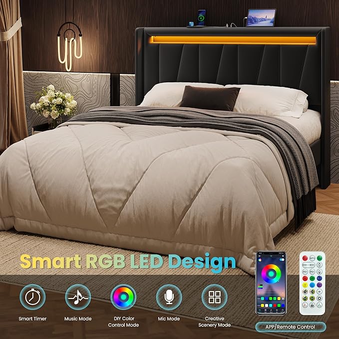 SHA CERLIN Full Size Bed Frame with Charging Station and LED Lights, Modern Velvet Platform Bed with Upholstered Geometric Wingback Headboard, No Box Spring Needed, Easy Assembly, Black