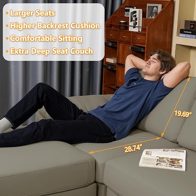EASE MOOSE Oversized Modular Sofa with Deep Seat,Extra Large Sectional U Shaped Couch for Living Room,Comfy Scratch Resistant Faux Leather Material,Modern Sofas with Ottoman,Light Grey