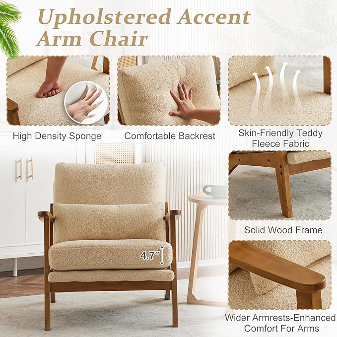 VINGLI Solid Wood Wide Armrests Accent Chair Set of 2,Upholstered Mid Century Modern Chair with Pillow,Farmhouse Arm Chair Comfy Reading Chair,Chairs Living Room,Bedroom,Guest Room,Teddy Fleece,Khaki