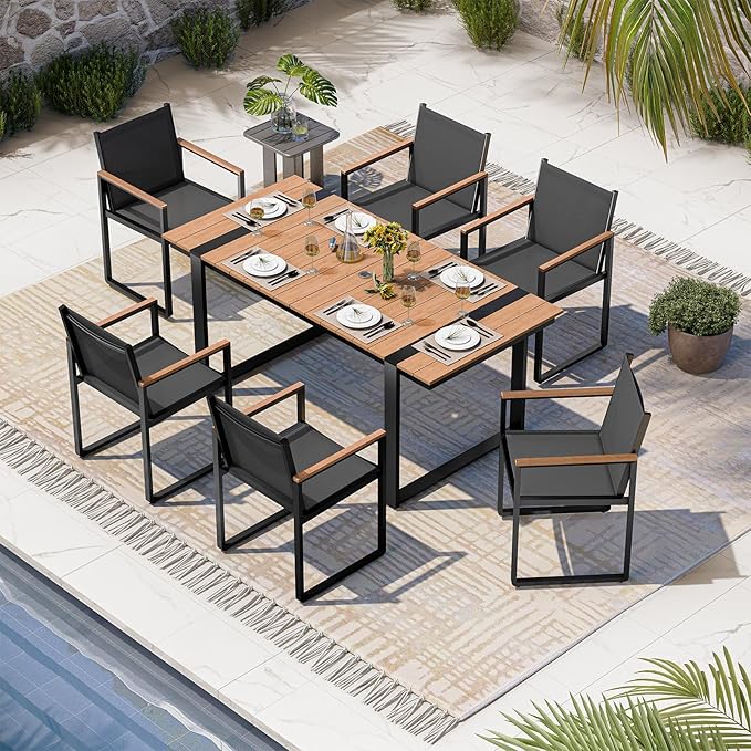 Outdoor Dining Set, Patio Table and Chairs Set, 7 Piece HDPS + Aluminum Patio Furniture Set with Umbrella Hole, Patio Dining Table Set (Gray-Teak)