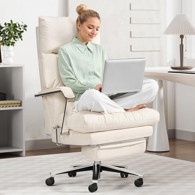 Reclining Office Chair with Footrest - 25.6" Wide Seat & Adjustable Seat Depth, Big and Tall High Back Leather Executive Home Office Desk Chair 400lbs, Cream