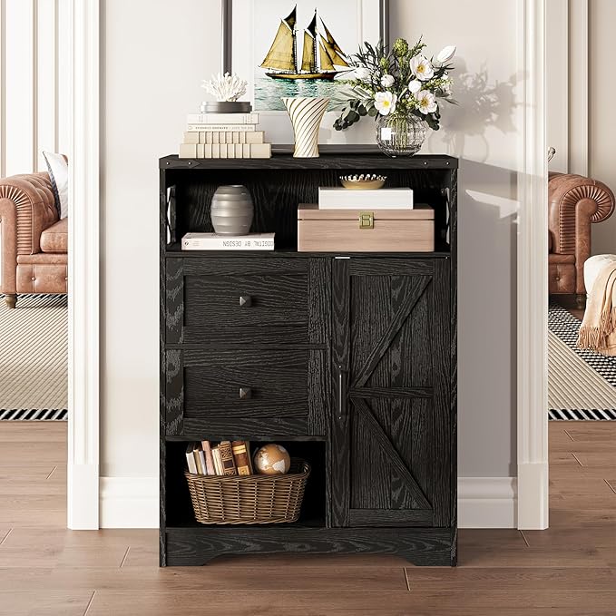 Fameill Farmhouse Storage Cabinet with 2 Drawers & Shelves,Freestanding Kitchen Cabinet with Doors,Floor Storage Organization for Living Room,Bathroom,Laundry,Black