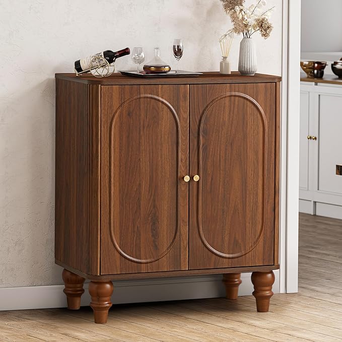 ORRD Fluted Storage Cabinet, Modern Credenza Wooden Accent Sideboard Buffet Cabinet Set of 2 with Adjustable Shelves and Solid Wood Legs, Console Table for Kitchen Dining Living Room Entryway, Walnut