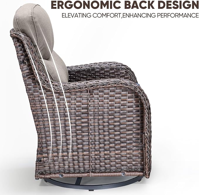 Swivel Patio Chairs sofa Set of 9 with 6" Thick Cushion - Wicker Outdoor Swivel Rocker Patio Chair ,Sofa/Glass coffee table, High Back Comfortable Outdoor Glider Chairs -Brown Wicker | Gery Cushions