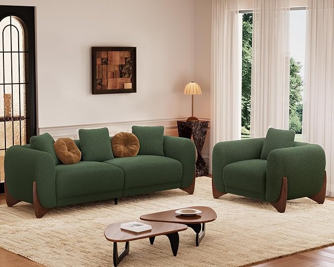 Morden Fort 2 Piece Cloud Couch Set, Modern Sherpa Boucle Sofa Set with Wood Legs, Skin-Friendly Minimalist Upholstered Comfy Couch Sofas for Living Room, 3-Seater Sofa & Accent Arm Chair, Green