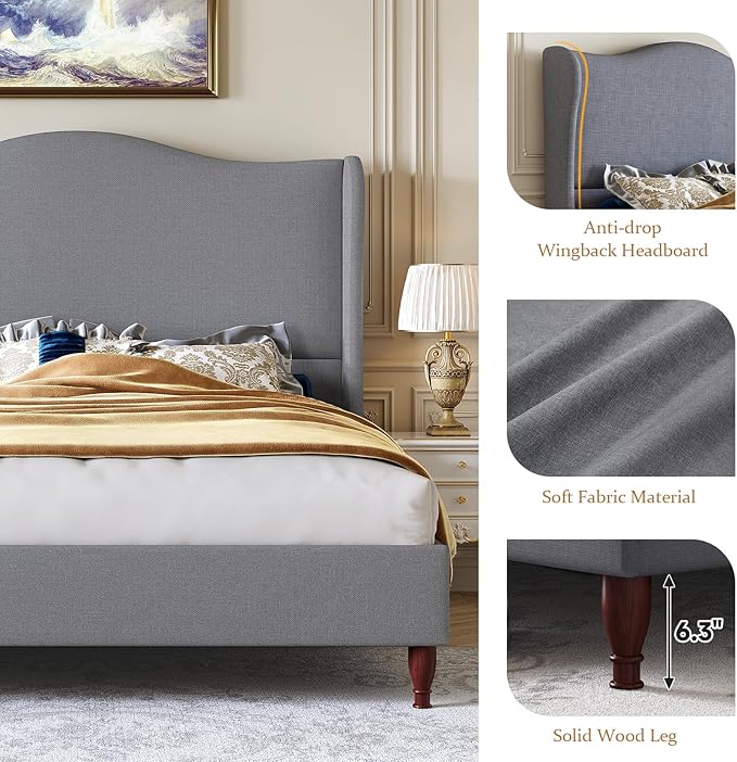 koorlian King Size Bed Frame with 51" Tall Headboard, High Upholstered Platform Bed Frames with Soft Fabric, Classic Curved Wingback & Wood Retro Legs, No Box Spring Needed/Easy Assembly, Grey