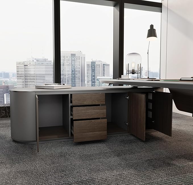 SAINTCY Large Executive Office Desk with File Cabinet, 94.5 Inch Sit & Stand L Shaped Executive Desk, Adjustable Luxury Office Desks for Boss, Business Owners, Managers and Supervisors Return Right