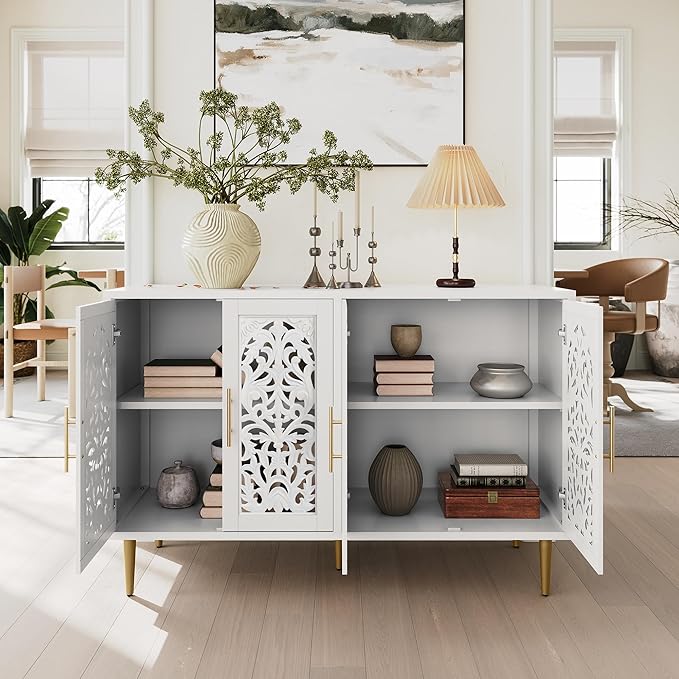 ARTPOWER 47.8" Accent Cabinet with 4 Doors, Vintage Hollow Carving Buffet Cabinet, Sideboards and Buffets with Storage, Credenza for Living Room, Kitchen, Dining Room, Entryway, Hallway, White