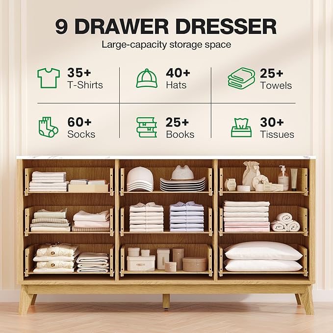 Fluted 9 Drawer Dresser, 57" Wide Chest of Drawers with Faux Marble Top,Modern Dresser TV Stand, Wood Closet Clothes Storage Organizer with Curved Edges for Bedroom, Living Room, Natural