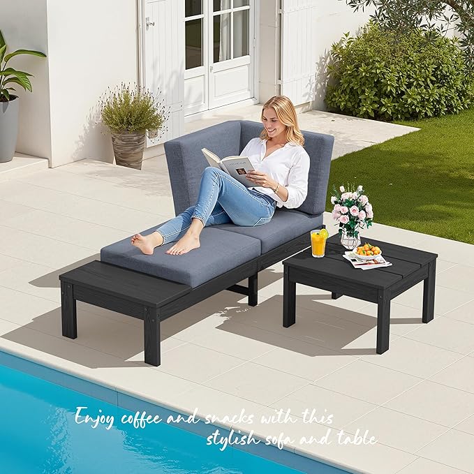 SERWALL HDPE Outdoor Furniture Set, Loveseat and Coffee Table, All Weather Patio Sofas, Seats 2, Outdoor Sectional Sofa for Backyard, Balcony, Black Frame with Grey Cushion