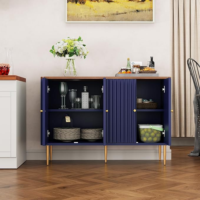 HLR Sideboard Buffet Cabinet, 48" Modern Accent Cabinet with 4 Door and Removable Shelves, Credenza with Storage for Living Room, Dinning Room, Entryway, Blue