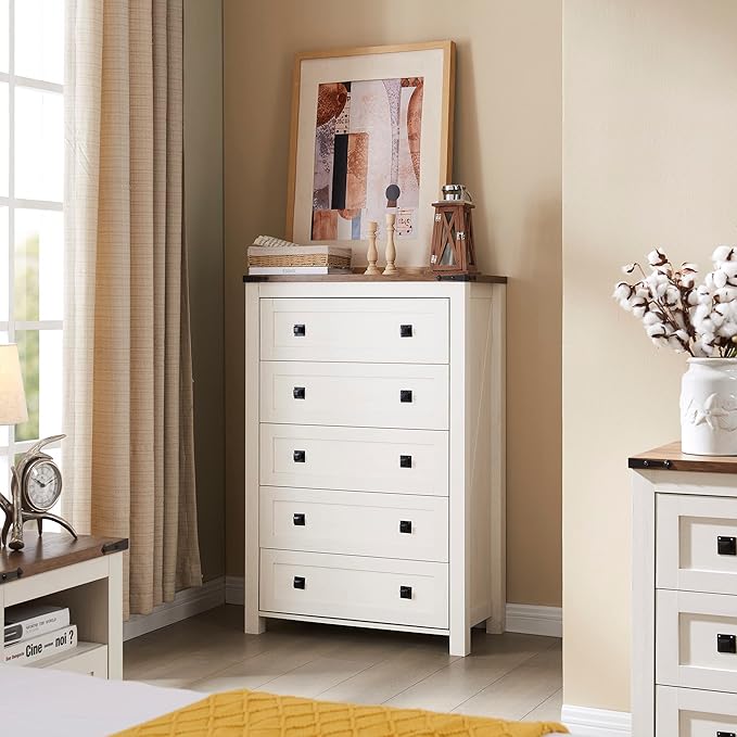 T4TREAM Farmhouse 5 Drawers Dresser Chests for Bedroom, Wood Rustic Tall Chest of Drawers, Dressers Organizer for Bedroom, Living Room, Hallway, Antique White