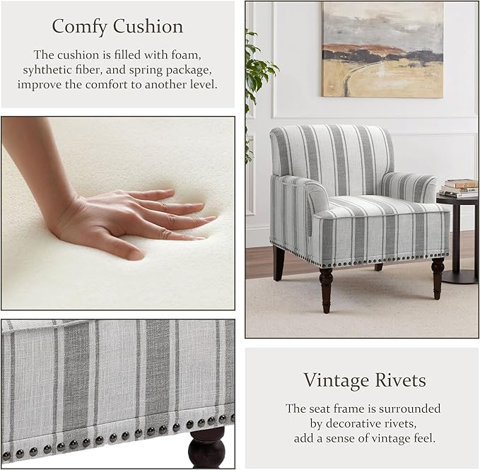 Pia Ricco Stripe Accent Chairs 2 Pack - Modern Nailhead Trim Armchairs with Wood Legs, Comfy Living Room Bedroom Home Office Seating-Gray