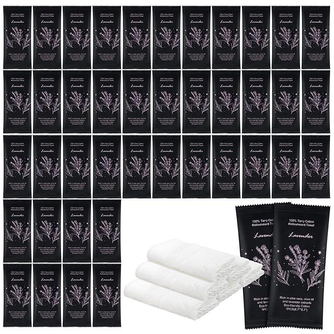 Hot or Cold Moist Cotton Towel Bulk Moist Towelettes Individually Wrapped 8.7" x 8.7",White Towel Services,Refreshment Pre Moistened Towels Lavender Scent for Travel Sport Party Spa Dentist Hotel100