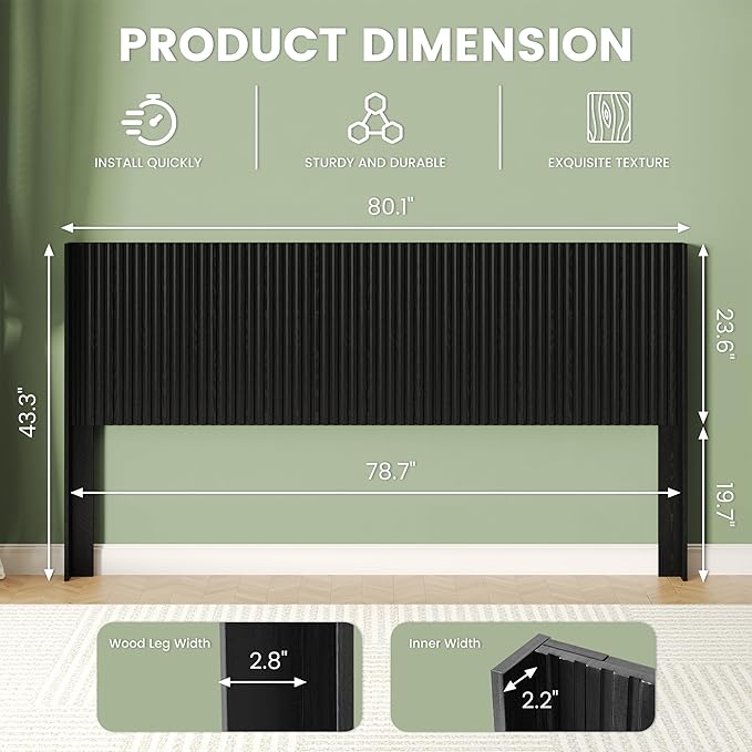 COCO DESIGN King Size Headboard Only, 80" Wide Wooden Headboard, Mid Century Modern Farmhouse Boho HeadBoard, Wall Mount, Fluted Panel, Wingback Design, Black