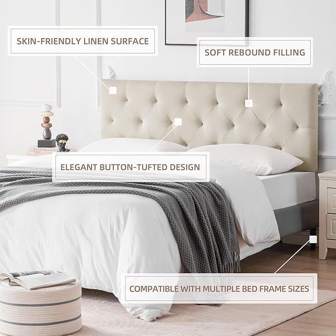 Linen Upholstered Headboard Full Size, Modern Diamond Tufting Solid Wood Full XL Headboard Only, Adjustable Height from 37” to 51” Head Board, Bed Frame or Wall Mount Headboards, Beige