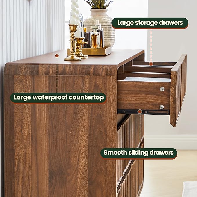 Fluted 9 Drawer Dresser for Bedroom, 60" Wide Modern Chest of Storage Drawers, Wood Dresser & Chest of Drawers with Curved Corners, Dressers TV Stand for Living Room (60" Walnut 9 Drawer)