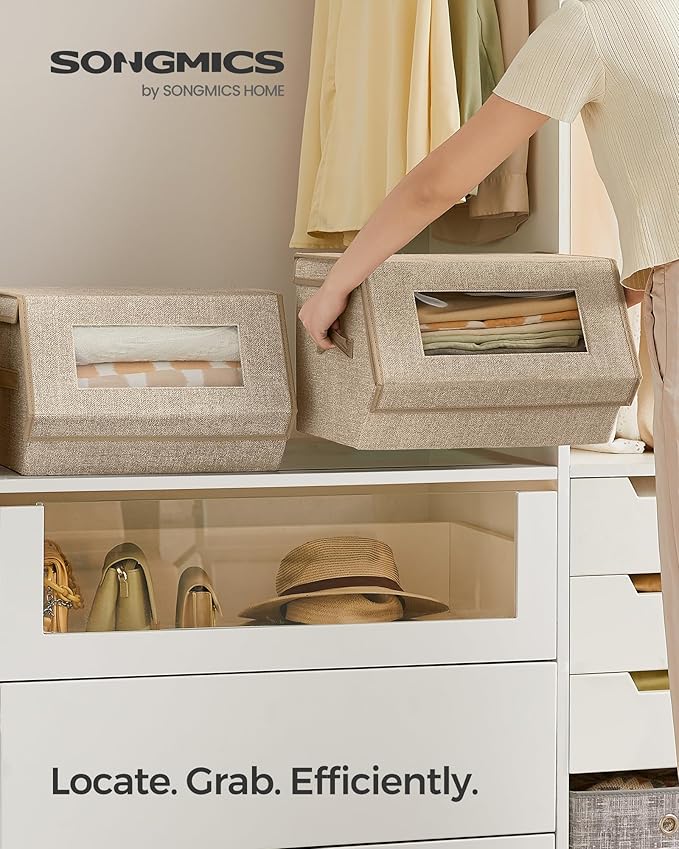 SONGMICS Stackable Storage Bins Set of 2, Storage Boxes with Lids and Front Windows, Non-Woven Fabric Closet Organizers with Magnetic Closures, Side Handles, Sand Beige URLB002Y01