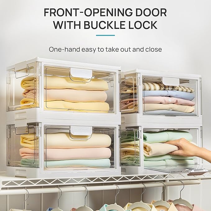 Vtopmart 1 Pack Clear Stackable Storage Bins with Lids 24QT, Foldable Storage Boxes with Doors Open Front, Plastic Closet Organizer for Craft, Toys, Pantry Organization