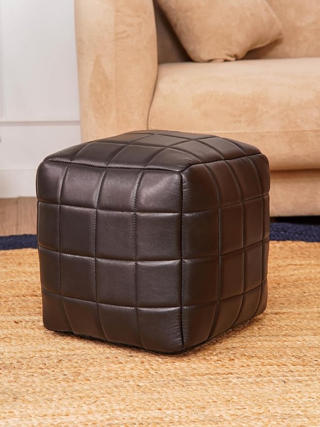 Handmade Eco-Friendly Geometric Leather Pouf Black Color Square 21" x 21" x 12" Goat Leather Pouf for Living Room, Bedroom Seating, Patio