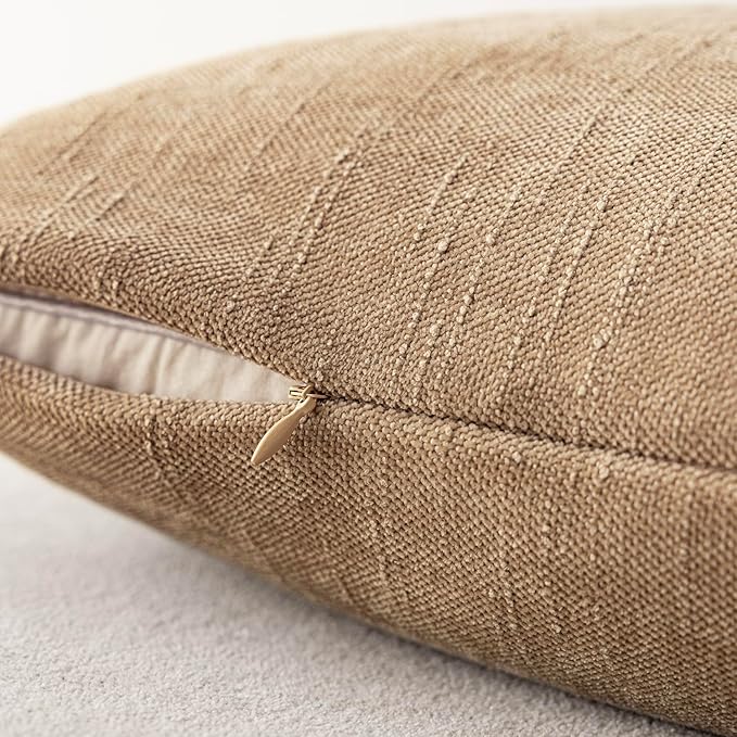 Foindtower Pack of 2 Soft Textured Chenille Throw Decorative Pillow Covers Square Accent Solid Cushion Cover Neutral Lumbar Pillow Case for Couch Sofa Bedroom Living Room 12x20 Inch,Taupe Khaki Camel