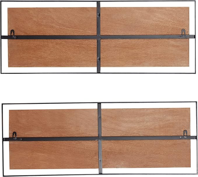 Deco 79 Wooden Geometric Home Wall Decor Linear Carved Wall Sculpture with Black Frame, Set of 2 Wall Art 32"W, 12"H, Brown