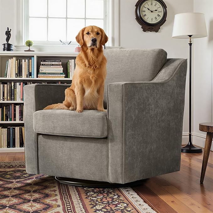 Pia Ricco 360° Swivel Accent Chair, Plush Oversized Chenille Fabric Armchair with Removable Cover for Living Room and Reception,Sand