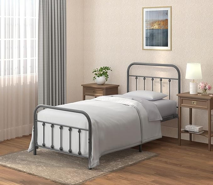Golden Gate Beds Vintage Wrought Iron Bed Frame with Classic Metal Platform Base, Headboard and Footboard, No Box Spring Needed, Easy Assembly, Mattress Foundation, Sleek Silver Finish - Twin Size