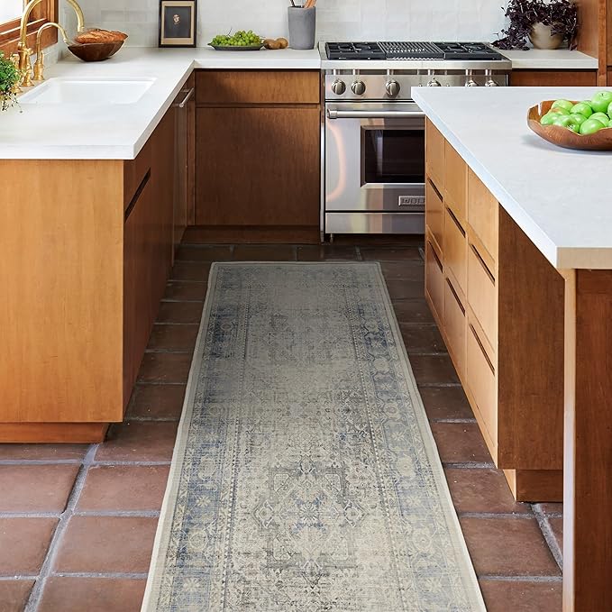 RUGGABLE Washable Vintage Area Rug – Kamran Blue Quartz 10x14, Stain-Resistant, Non-Slip – Large Machine Washable Rugs for Living Room, Bedroom, Hallway, Entryway & Office–with Standard Pad