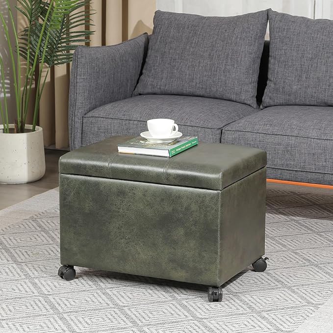 Asense Ottoman with Wheels,16.7x24x18.1 Inches Leather Rolling Ottoman with Storage,Safety Hinge,Upholstered Storage Bench for Living Room,Bedroom,Entryway,Green