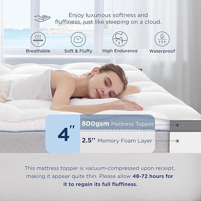 Bedsure 4 Inch Memory Foam Queen Mattress Topper, Dual Layer 2.5 Inch Gel Memory Foam & 800 GSM Waterproof Pillow Top Cooling Mattress Pad with 8-21 Inch Deep Pocket (Queen, 60x80 Inches)