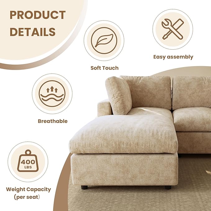 WJShome V Shaped Sectional Couch 100 Inch 5-Seater Modern Modular Sofa,Chenille Deep Seat Couches for Living Room, Bedroom and Apartment，Khaki