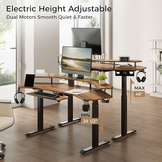 EUREKA ERGONOMIC Standing Desk Adjustable Height, Computer Desk w Keyboard Tray 72" Gaming Music Studio Desk LED Monitor Stand,Dual Motor,Slot Design,Walnut