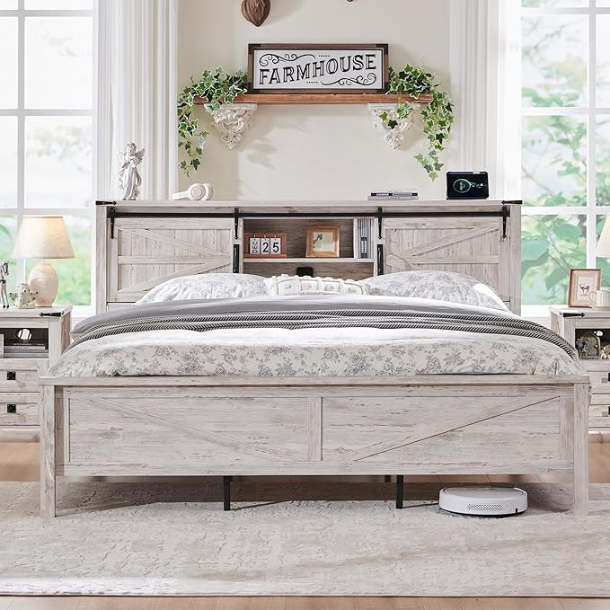 T4TREAM Farmhouse Queen Size Bed Frame w/Storage Bookcase Headboard, Sliding Barn Door, Charging Station, Rustic Wood Platform Bed w/Wood Slats Support, No Box Spring Needed, Antique Brush White
