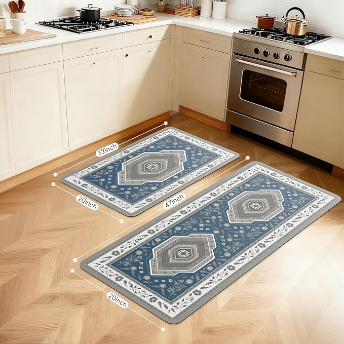 ArtyCozy 2 Piece Boho Kitchen Rug Set, Non-Slip Super Absorbent Kitchen Mats for Floor with Rubber Backing, Stain Resistant Runner for Hallway Laundry Holiday Decor, Blue, 20" × 32'' Plus 20'' × 47''