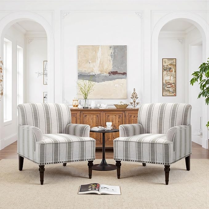 Pia Ricco Stripe Accent Chair-Modern Nailhead Trim & Wood Legs Armchair - Comfy Living Room, Bedroom, or Home Office Seating-Brown