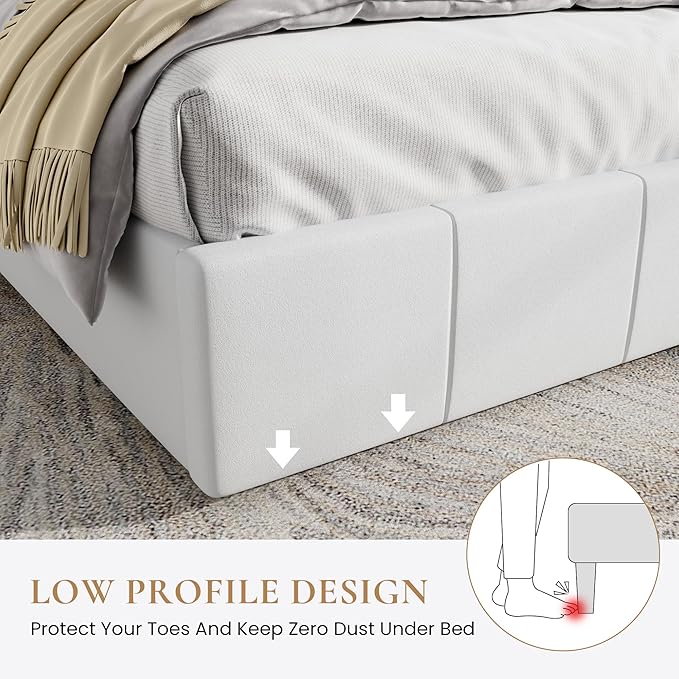 SHA CERLIN Full Size Bed Frame, Velvet Upholstered Platform Bed, Vertical Channel Tufted Adjustable Headboard, Low Profile Bed Frame, No Box Spring Needed, Easy Assembly, White