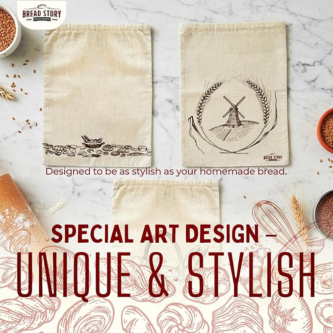 Linen Bread Bag – Reusable Linen Bags for Homemade Bread & Sourdough | Cloth Bags for Sourdough, Artisan Loaves, & Pastries | Unbleached Natural Fabric with Drawstring Closure, 3-Pack, 11 x 15"